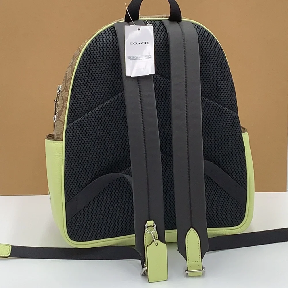 COACH NWT COURT BACKPACK IN SIGNATURE CANVAS KHAKI PALE LIME COLOR - Picture 3 of 16